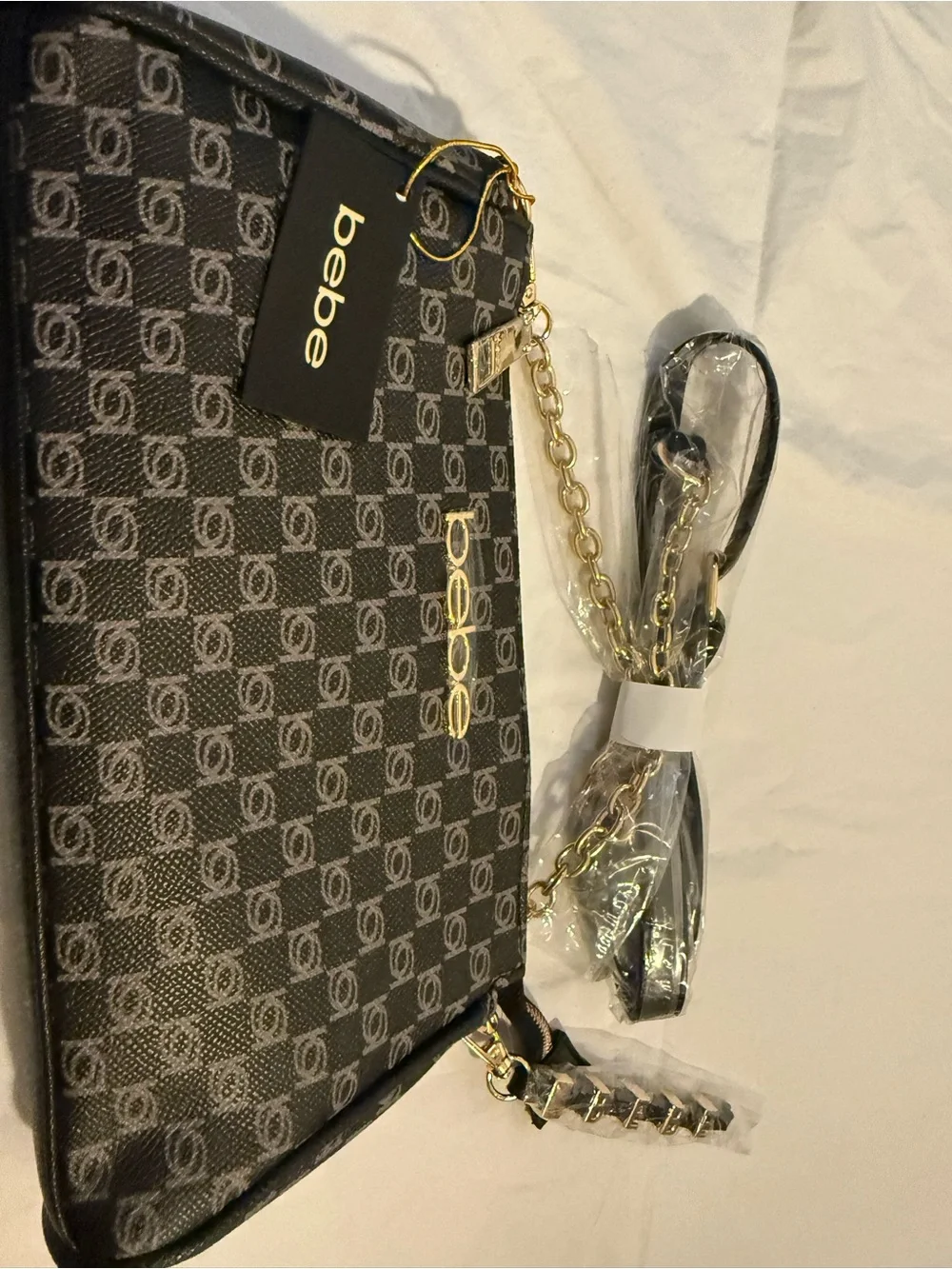 bebe Black and Gray Logo Wristlet with Gold Chain